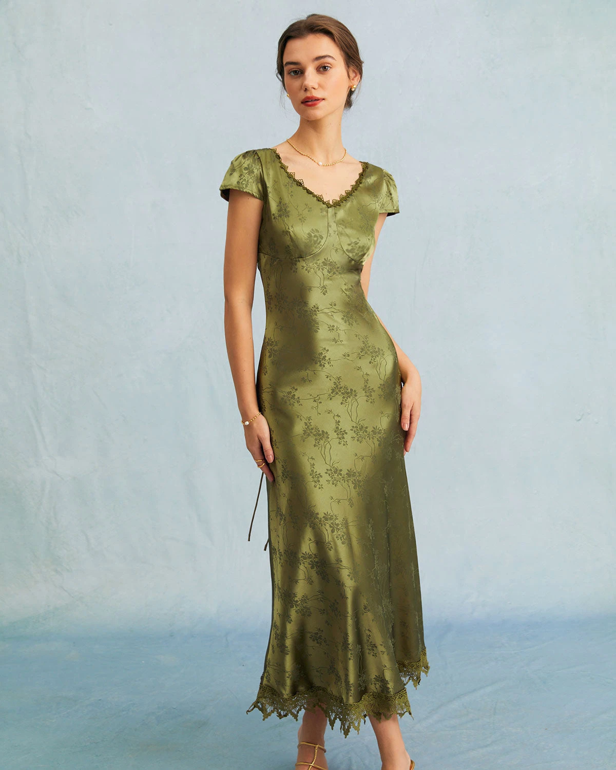 The Green Jacquard Cap Sleeve Satin Midi Dress - Image 2