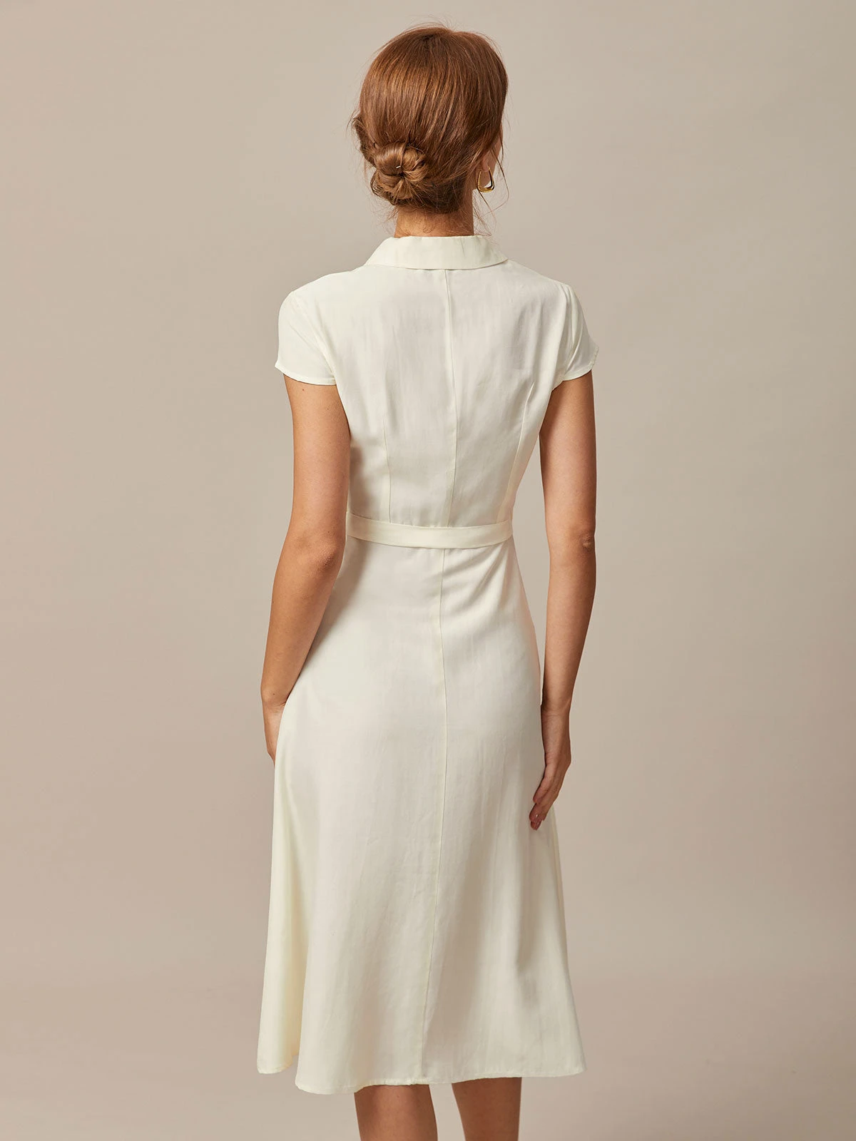 The Beige Lapel Cap Sleeve Shirt Midi Dress - Image 5