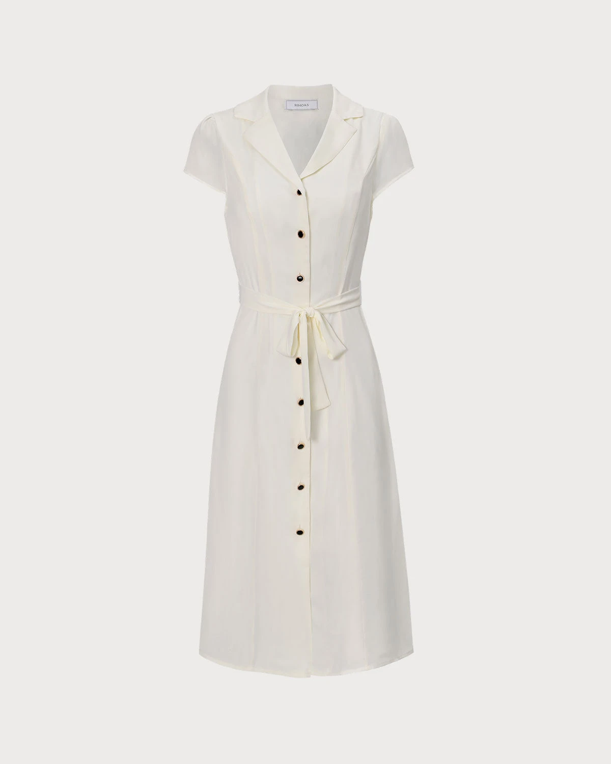 The Beige Lapel Collar Belted Shirt Midi Dress - Image 7
