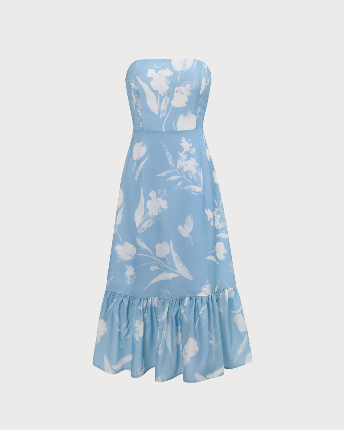 The Blue Ruffle Trim Strapless Floral Midi Dress - Image 6