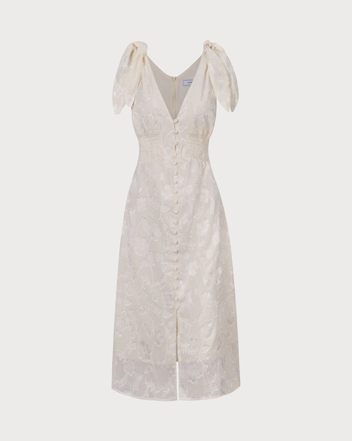 The Beige V Neck Jacquard Midi Dress - Image 6