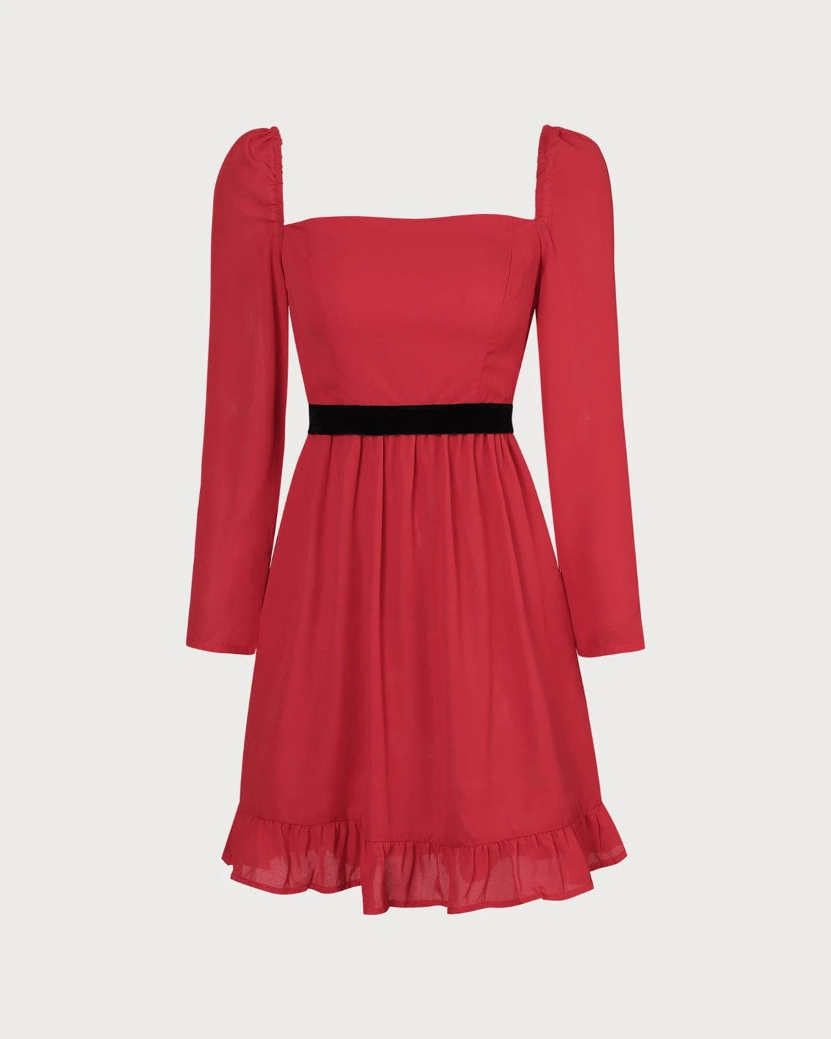 The Red Square Neck Flounce Long Sleeve Mini Dress - Image 7