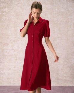 The Red Lapel Button Puff Sleeve Midi Dress