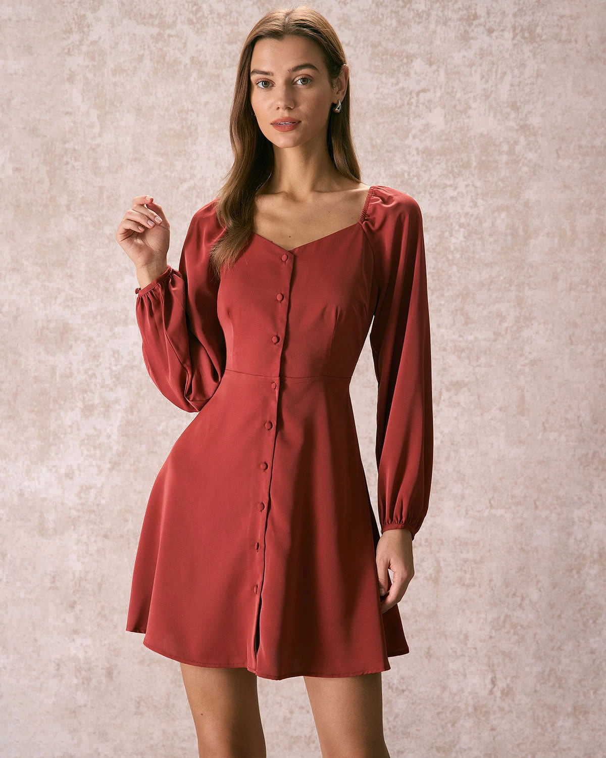 The Brick Red V Neck Button Mini Dress - Image 3