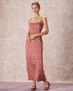 The Brick Red Floral Slit Maxi Dress