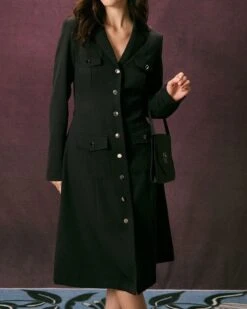 The Black Lapel Button Up A Line Midi Dress