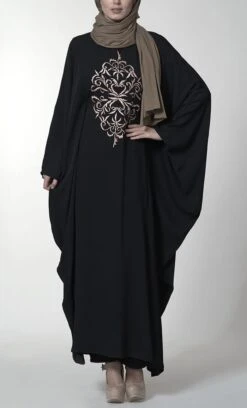 Contrast Color Embroidered Motif Kaftan Style Eid Abaya Dress