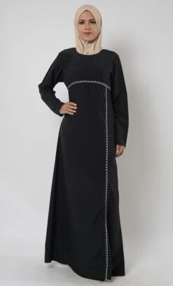 Contrast Color Embroidered Trims Muslimah Abaya Dress