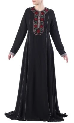 Floral Embroidered Neckline And Sequins Buttoned Flared Abaya Dress
