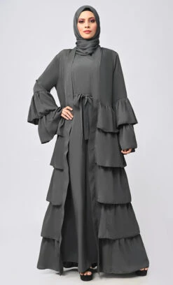 Graceful Layers: The Grey Tiered Abaya Dress With Inner Lining