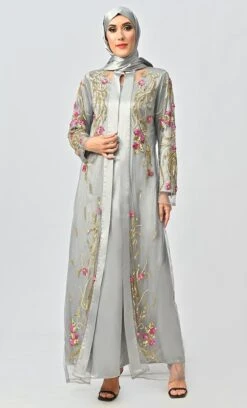 Korean Silver Jewelled All Over Hand Embellished Royal Abaya Dress With Matching Hijab