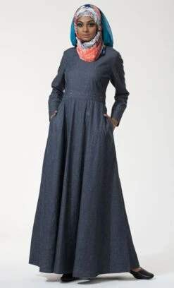 Metallic Eyelets Detail Flared Abaya Dress