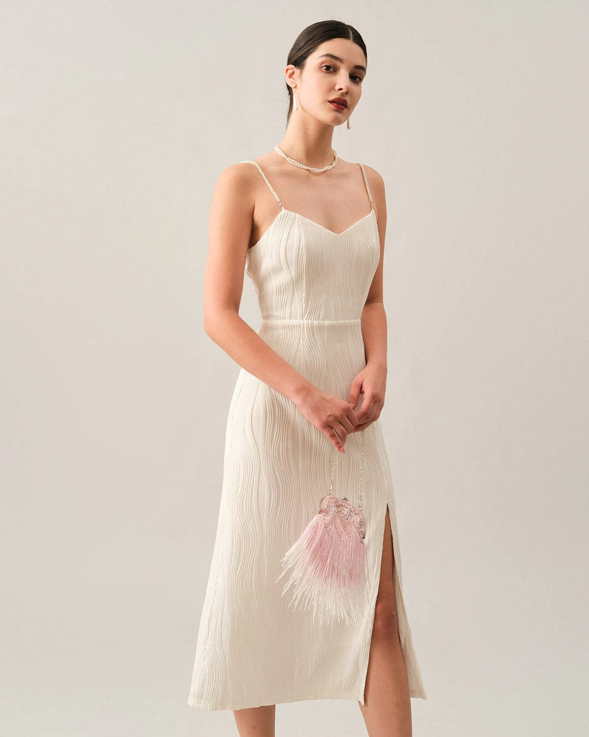 The Wave Textured Pearl Strap Midi Dress - Image 4