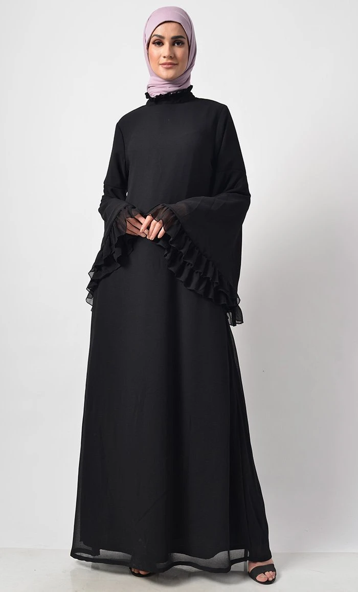 Modest Black Trendy Victorian NeckAbaya Dress