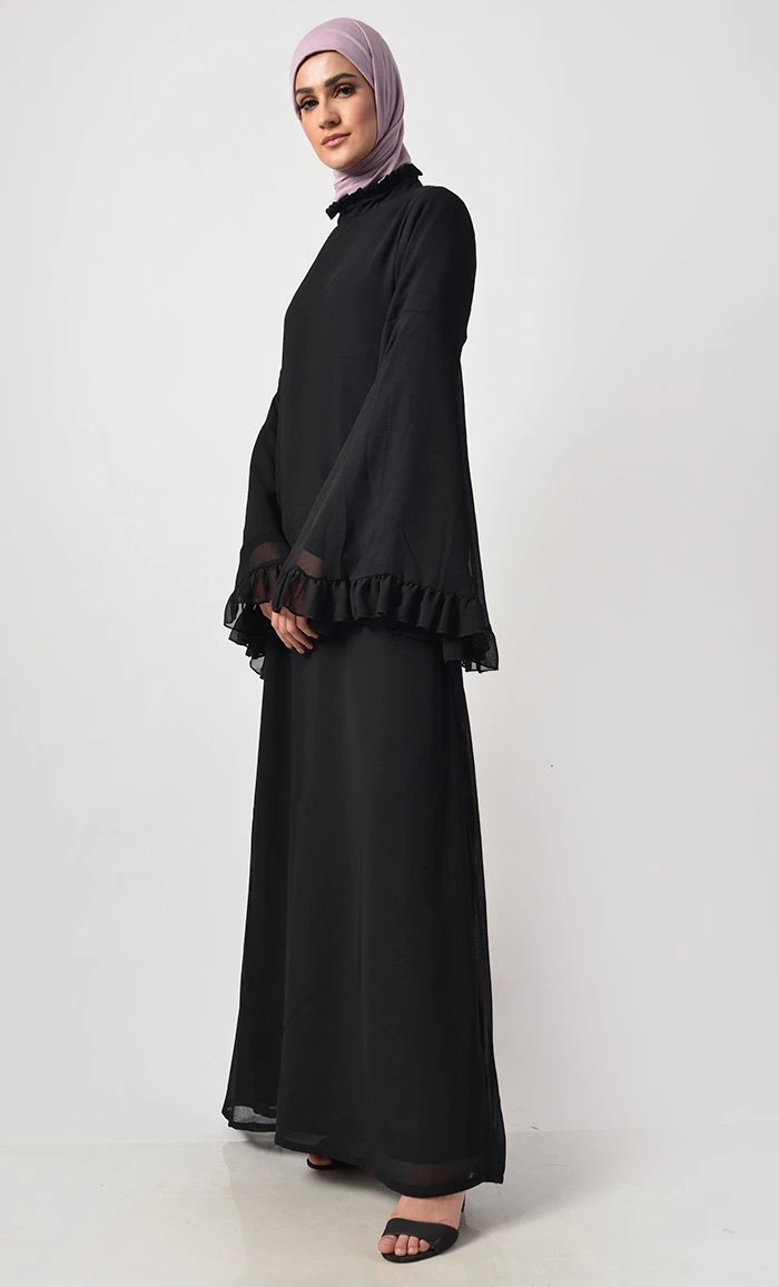 Modest Black Trendy Victorian NeckAbaya Dress - Image 3