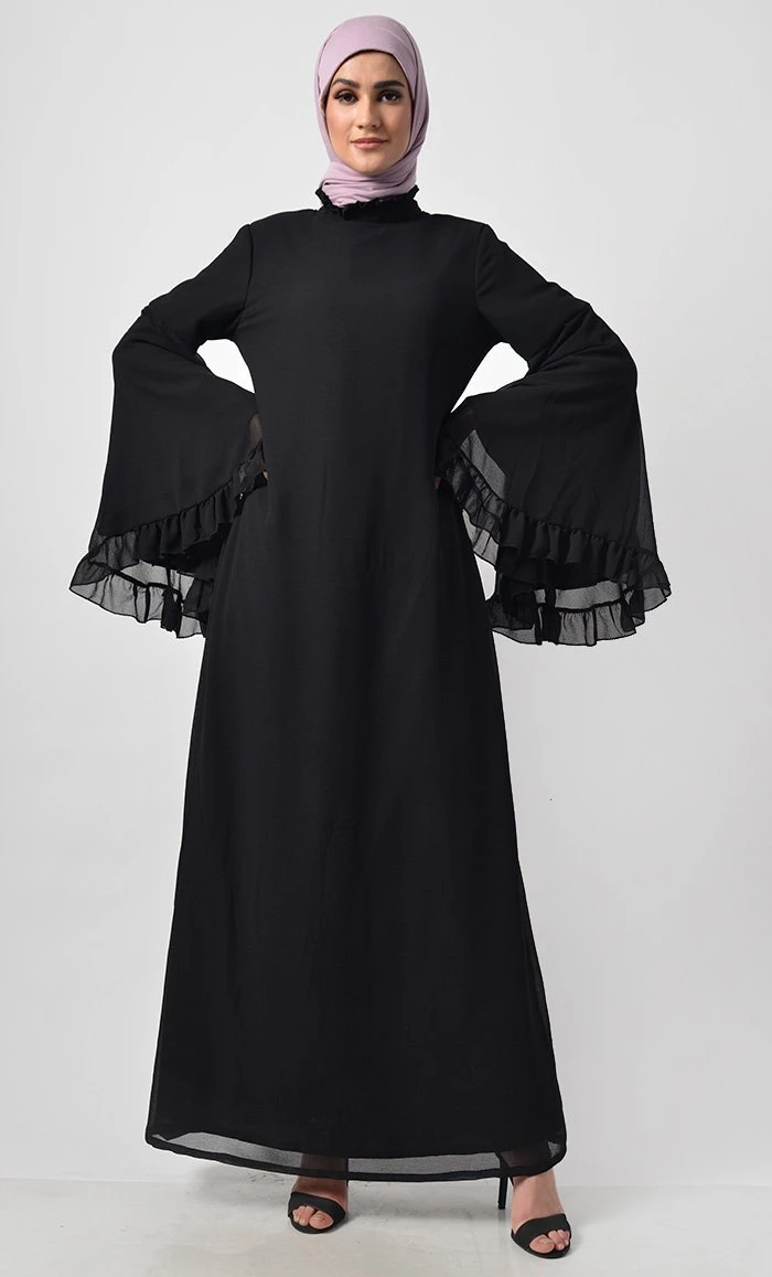 Modest Black Trendy Victorian NeckAbaya Dress - Image 2