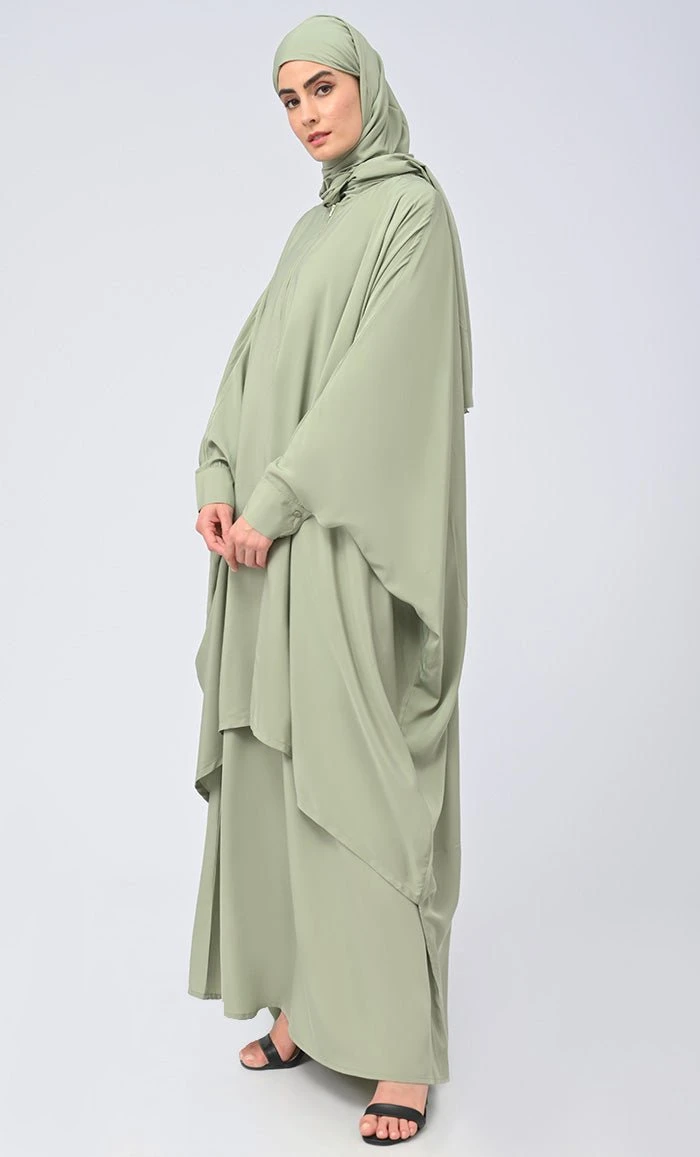 Modest Islamic Front Zipper Double Layer Dress For Women (2Pcset+Hijab) - Image 2