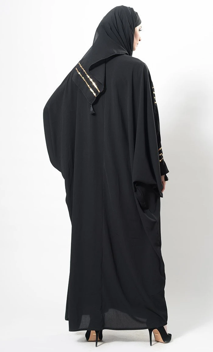 Sequins Embroidered And Thread Fringes Abaya Dress And Hijab Set - Image 2