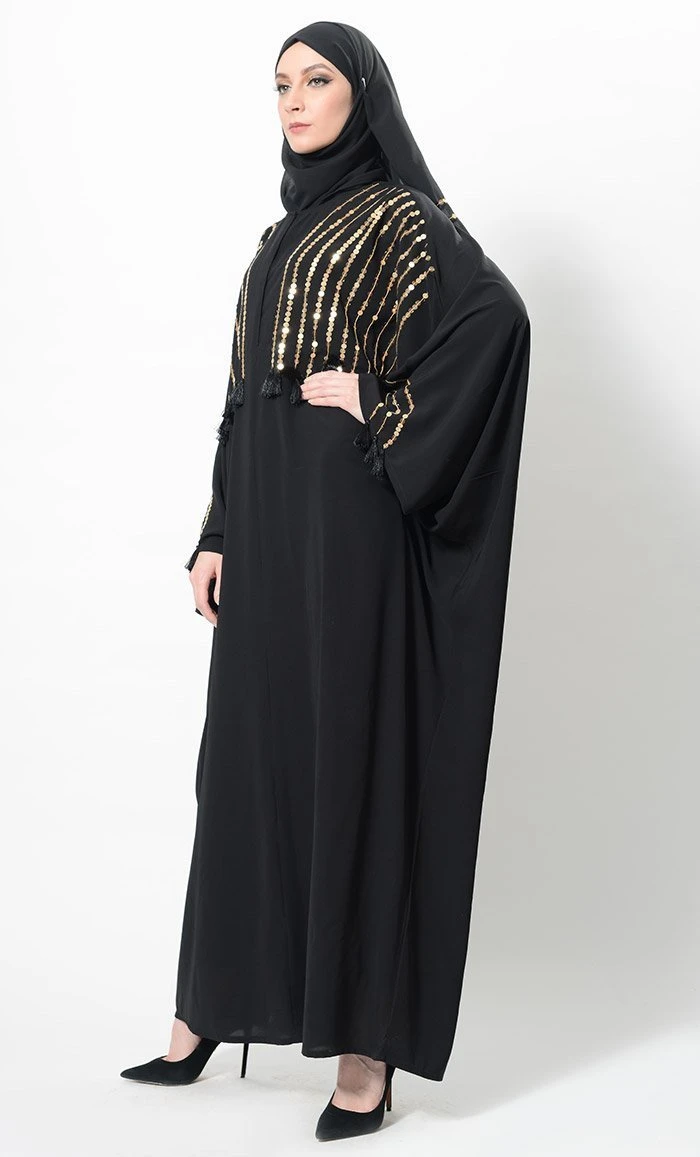 Sequins Embroidered And Thread Fringes Abaya Dress And Hijab Set - Image 3