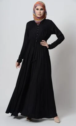 Smocking Waistline And Loop Buttons Detail Casual Abaya Dress