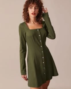 The Army Green Square Neck Button Mini Dress