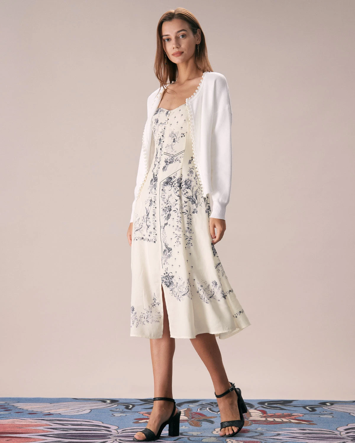 The Beige Floral Split Hem Slip Midi Dress - Image 6