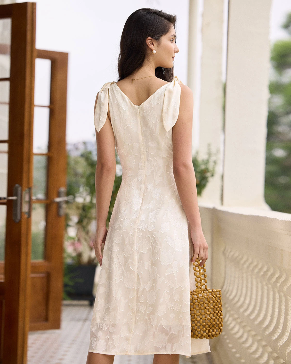 The Beige V Neck Jacquard Midi Dress - Image 5