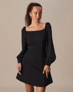 The Black Square Neck Lantern Sleeve Mini Dress