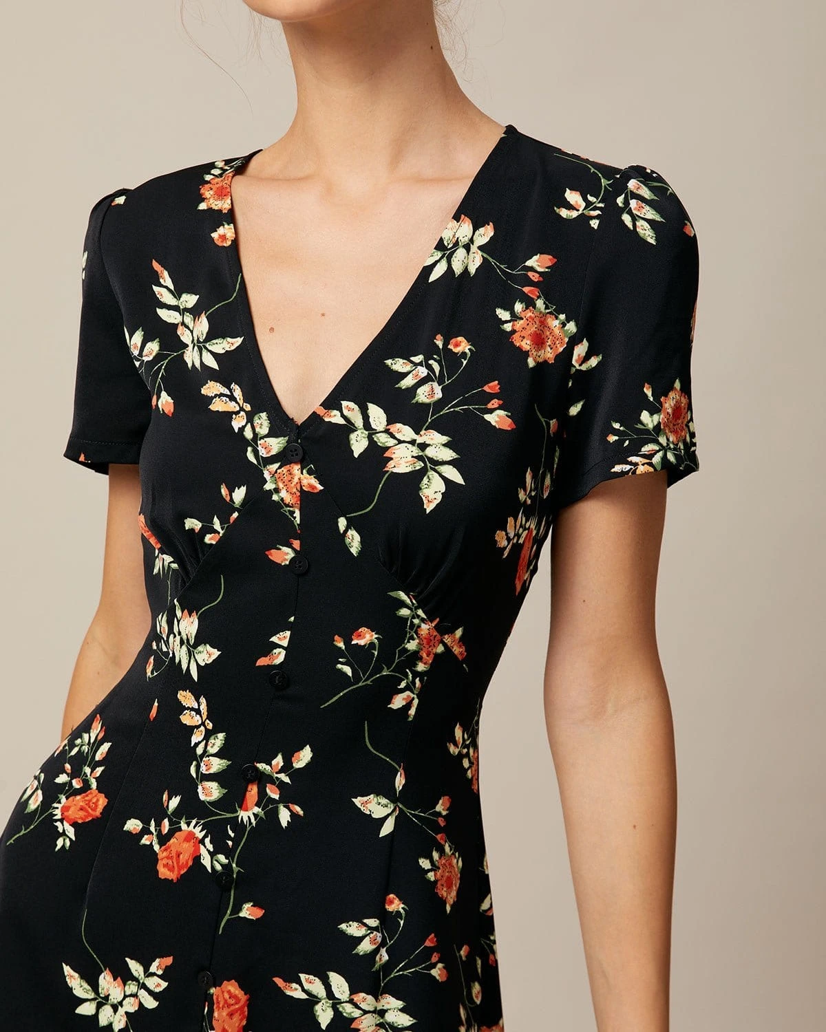 The Black V Neck Floral Button Up Mini Dress - Image 3
