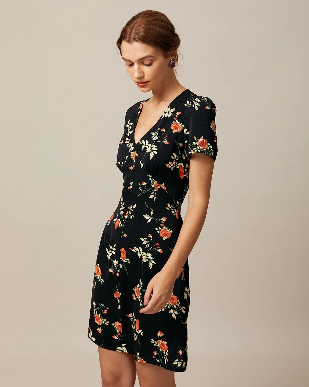 The Black V Neck Floral Button Up Mini Dress - Image 5