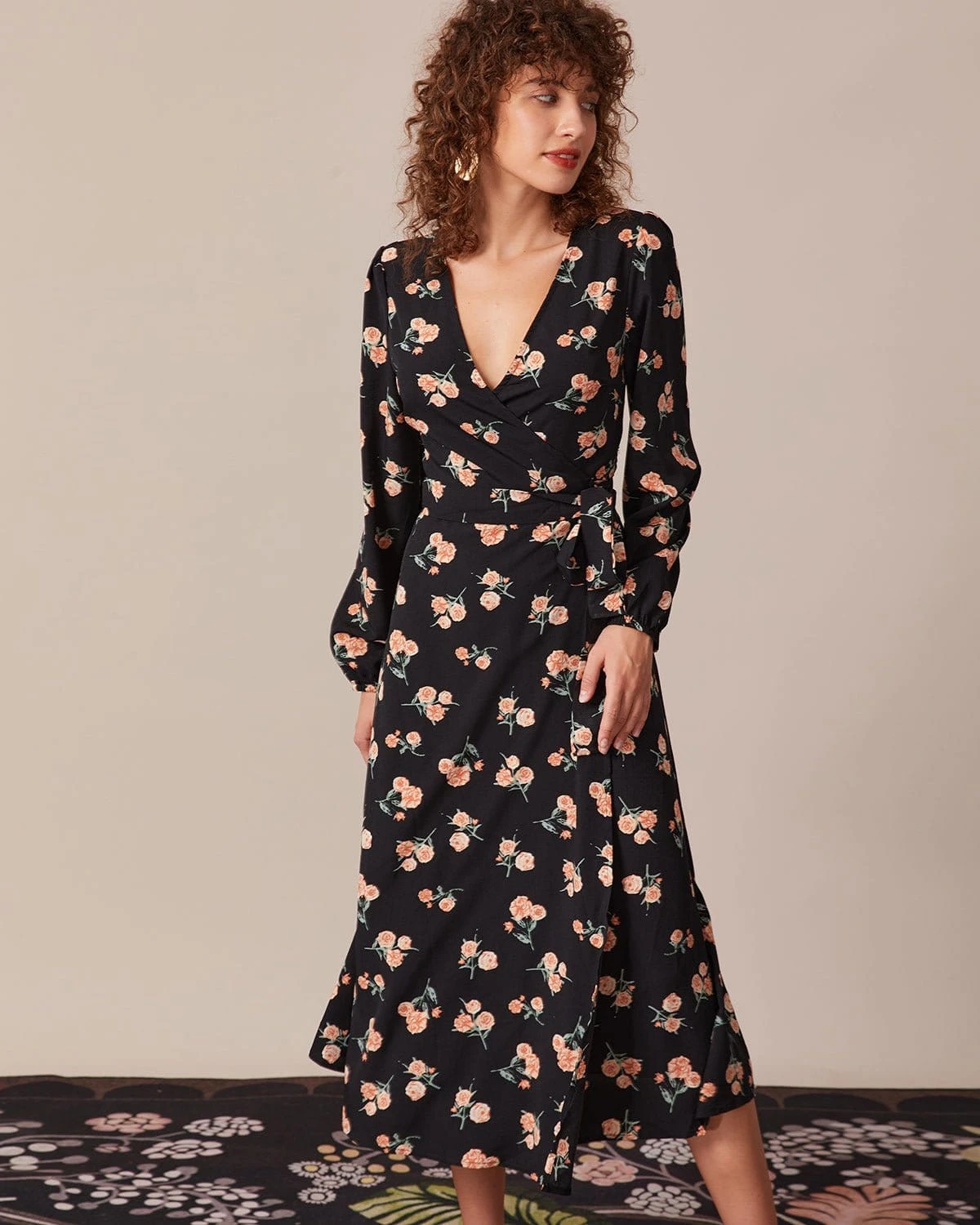 The Black V Neck Floral Wrap Midi Dress - Image 2