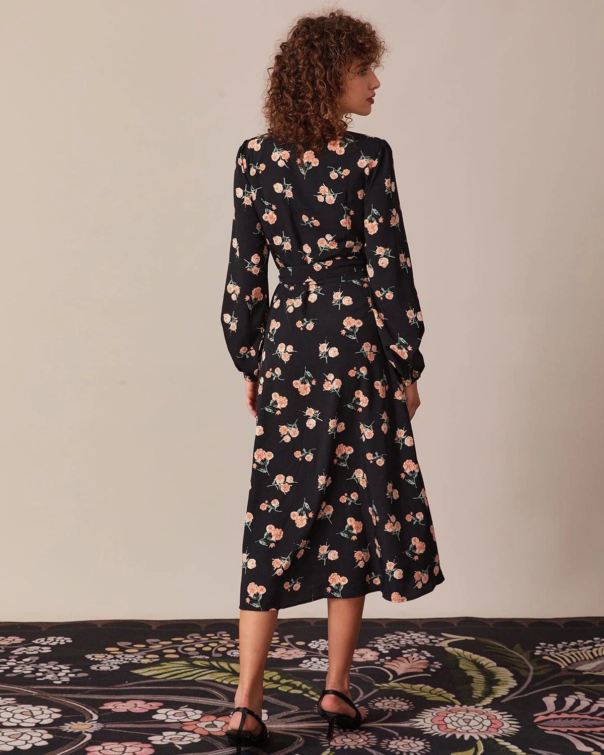 The Black V Neck Floral Wrap Midi Dress - Image 6