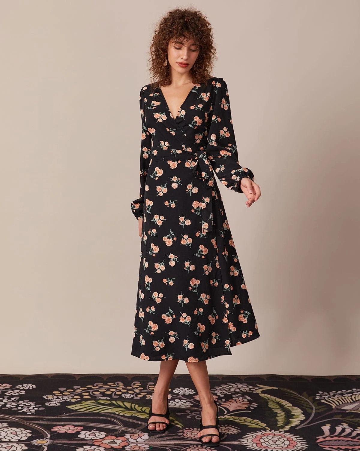The Black V Neck Floral Wrap Midi Dress - Image 5