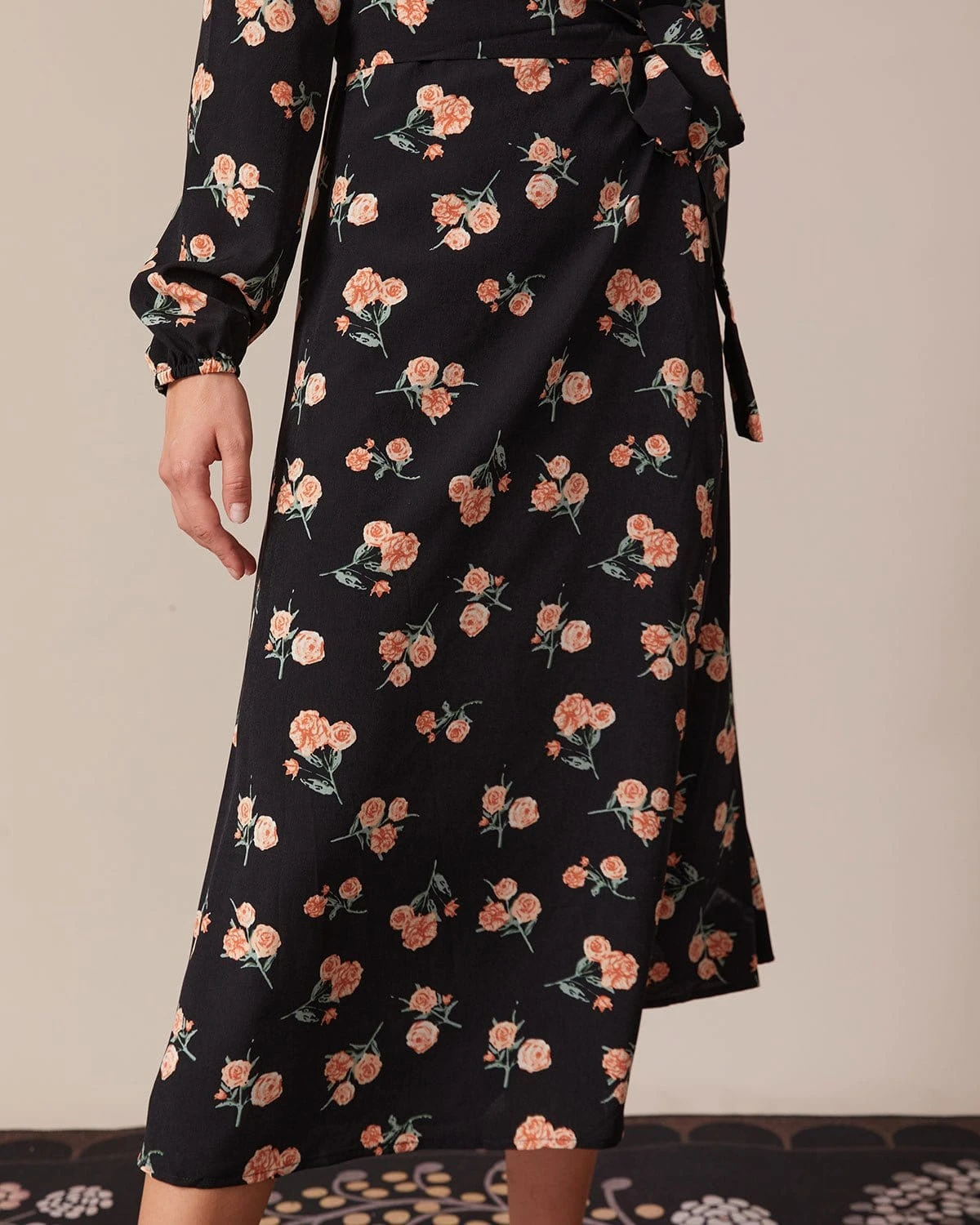 The Black V Neck Floral Wrap Midi Dress - Image 3