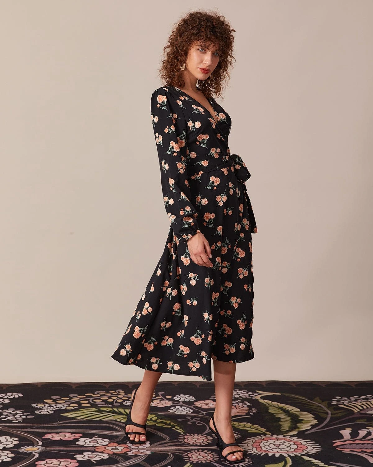 The Black V Neck Floral Wrap Midi Dress - Image 4