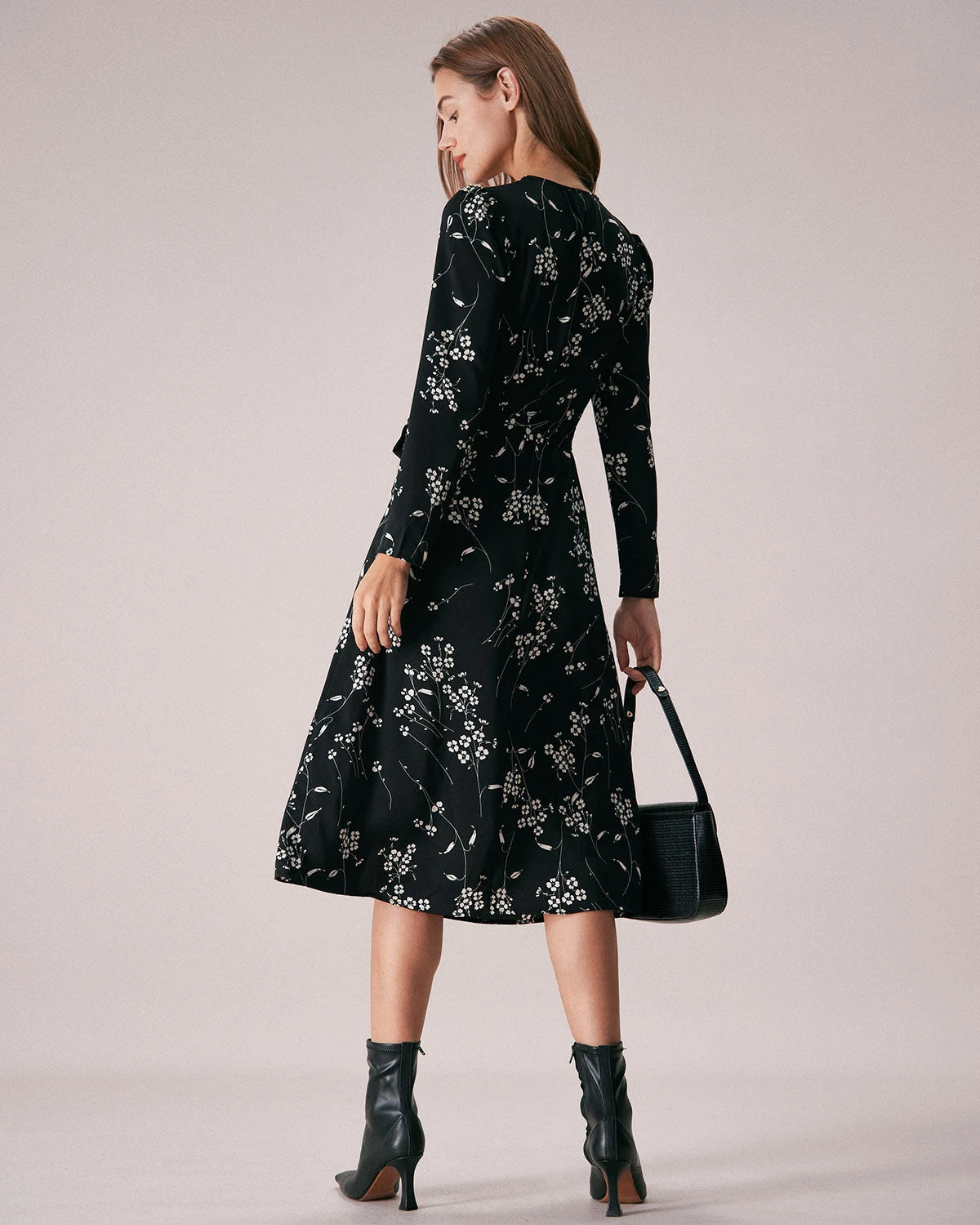 The Black V Neck Wrap Floral Midi Dress - Image 6