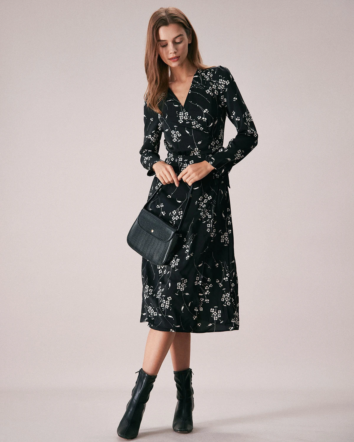 The Black V Neck Wrap Floral Midi Dress - Image 2