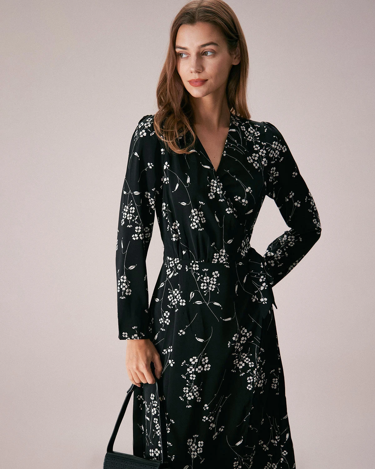 The Black V Neck Wrap Floral Midi Dress - Image 3