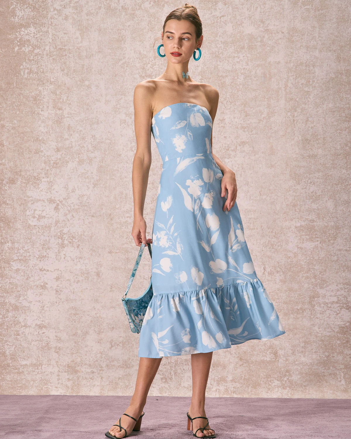 The Blue Ruffle Trim Strapless Floral Midi Dress - Image 3