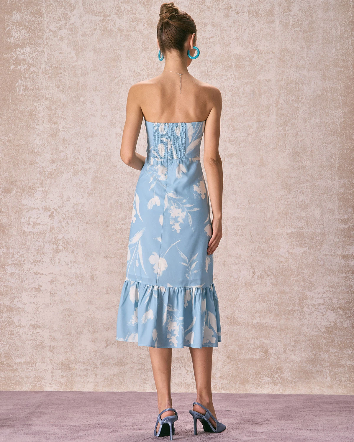 The Blue Ruffle Trim Strapless Floral Midi Dress - Image 5