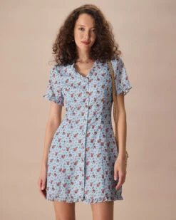 The Blue V Neck Frill Trim Floral Mini Dress