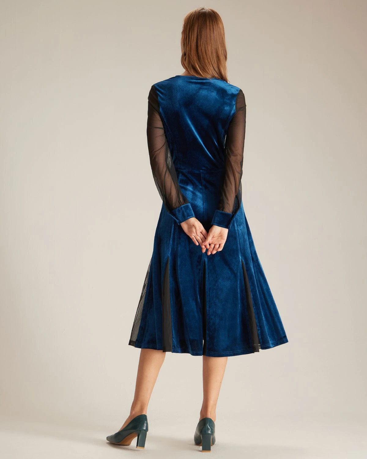 The Blue V Neck Velvet Mesh Midi Dress - Image 6