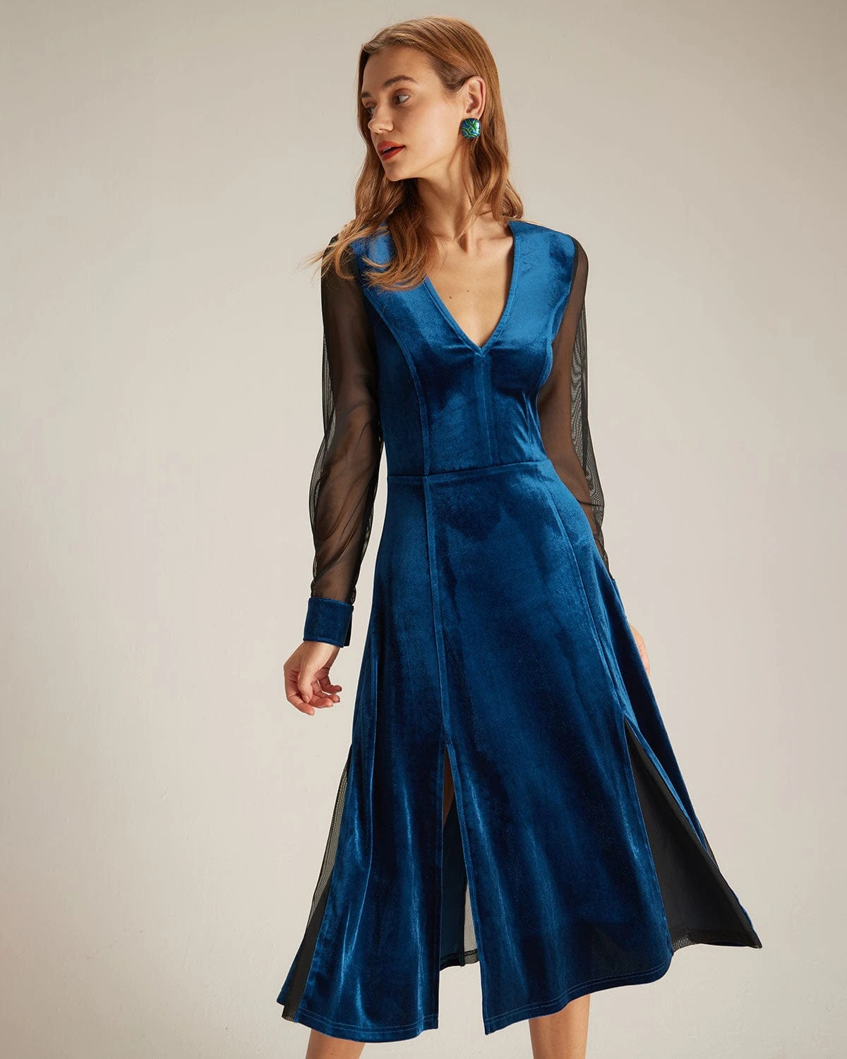 The Blue V Neck Velvet Mesh Midi Dress - Image 4