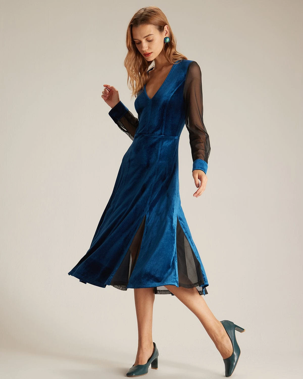 The Blue V Neck Velvet Mesh Midi Dress - Image 5