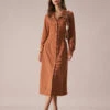 The Brown Lapel Button Corduroy Midi Dress