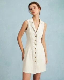 The Beige Lapel Button-up Sleeveless Mini Dress