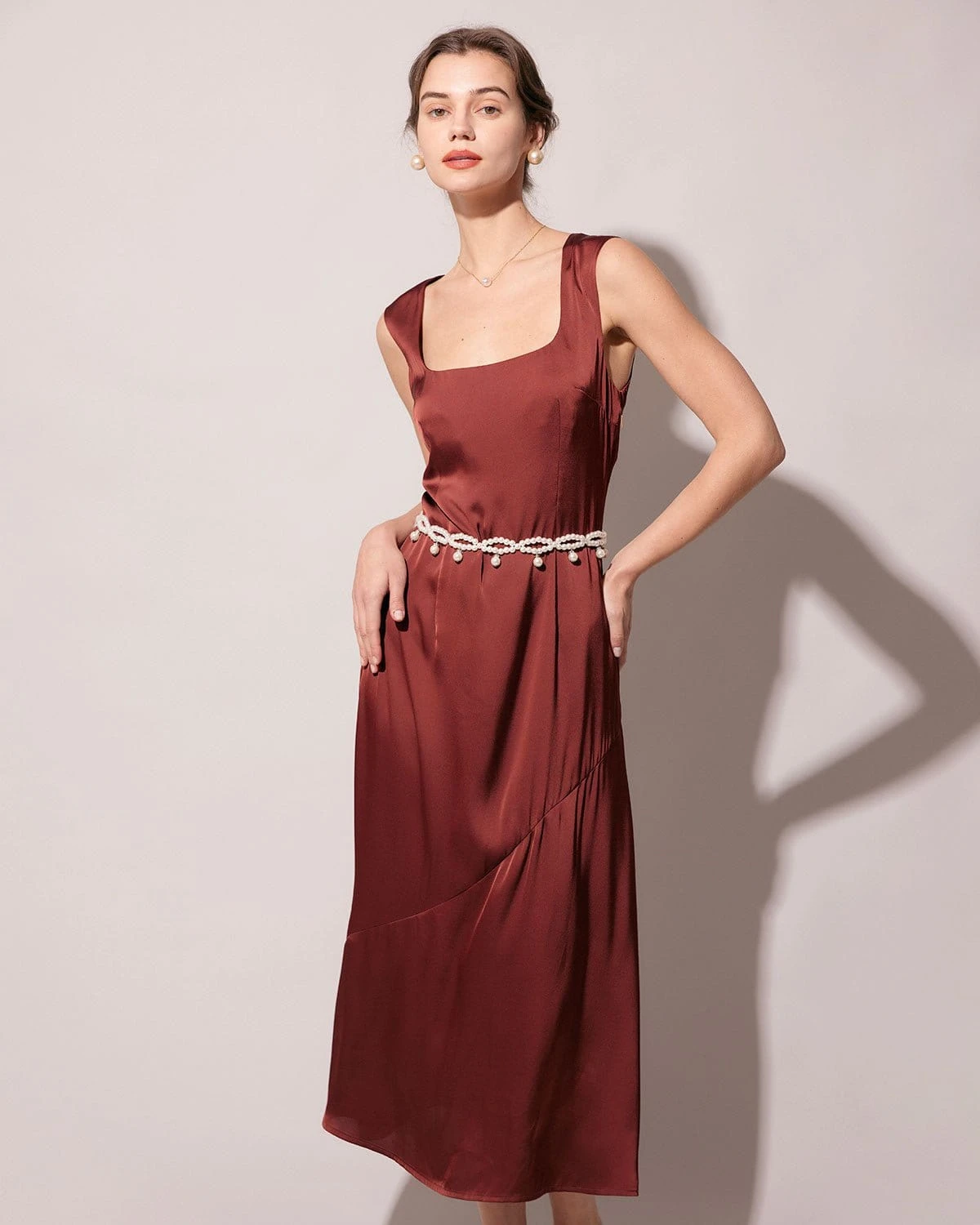The Coffee Square Neck Sleeveless Satin Midi Dress - Image 3