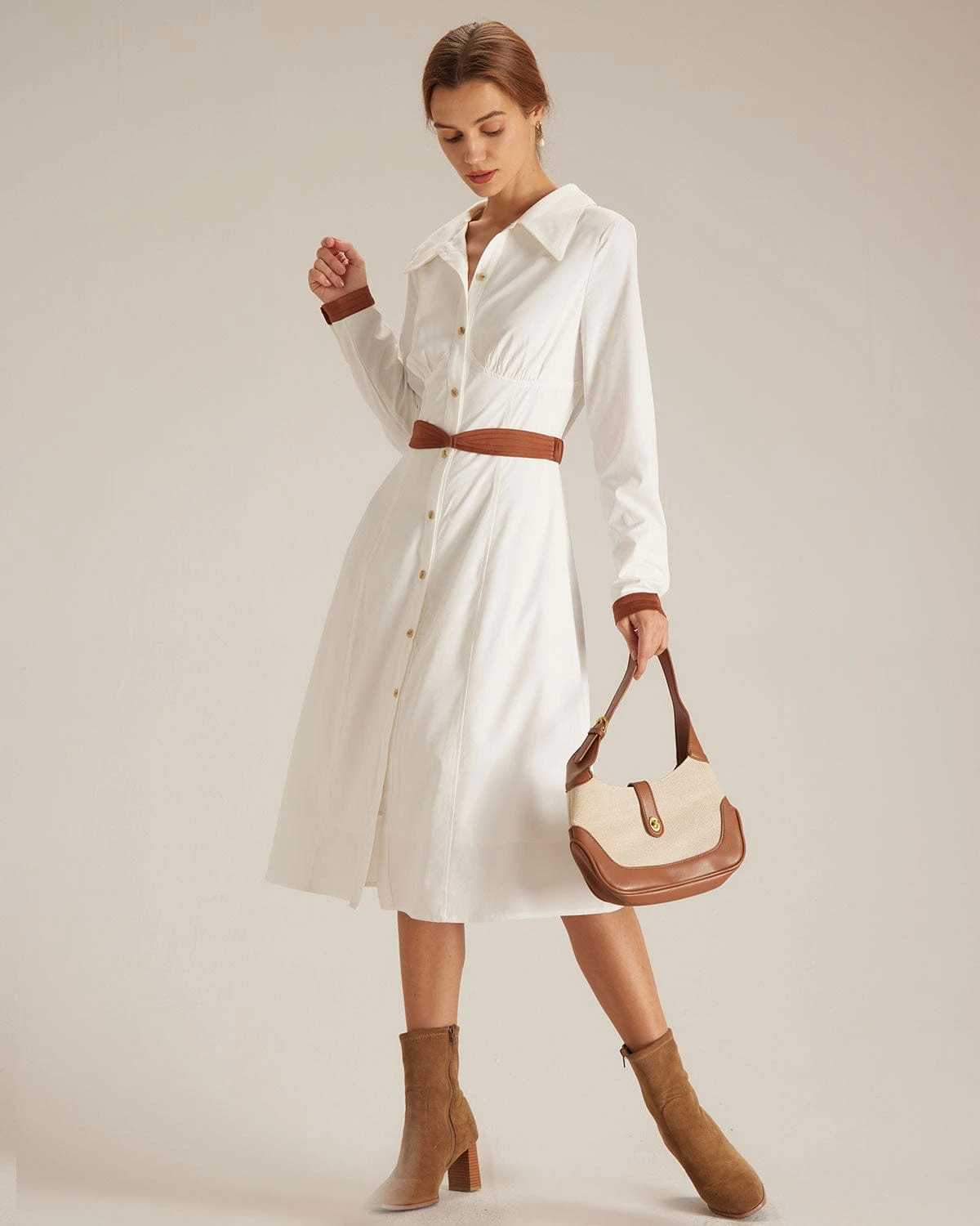 The White Colorblock Belted Shirt Midi Dress - Image 4