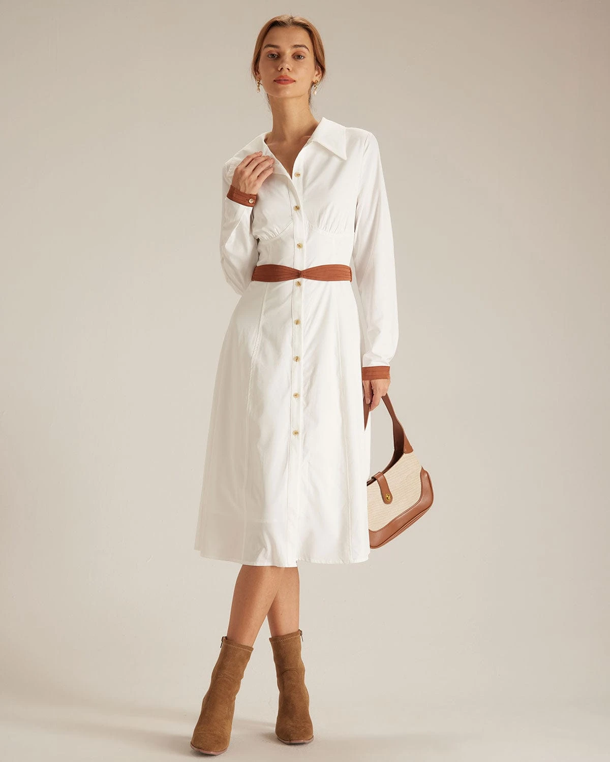 The White Colorblock Belted Shirt Midi Dress - Image 6
