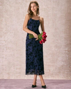 The Navy Floral Flocked Mesh Slip Maxi Dress